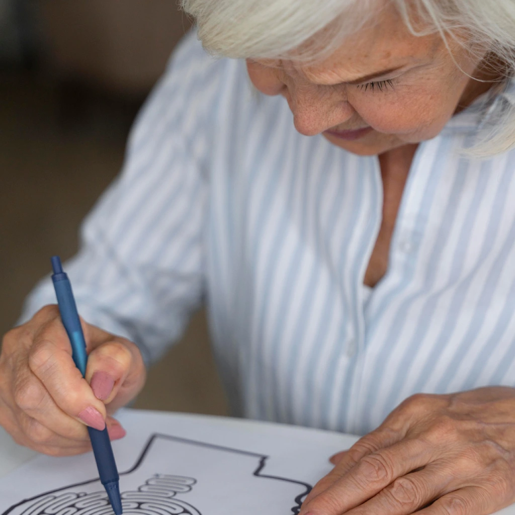 A woman participates in wellness activities with Thrive On Care by drawing on paper.