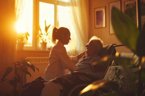 A woman and man relax in the living room while receiving companion care from Thrive On Care.