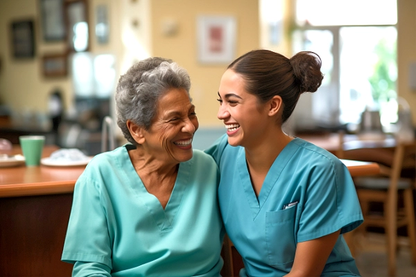 Two women sit together at a kitchen table receiving companion care from Thrive On Care.